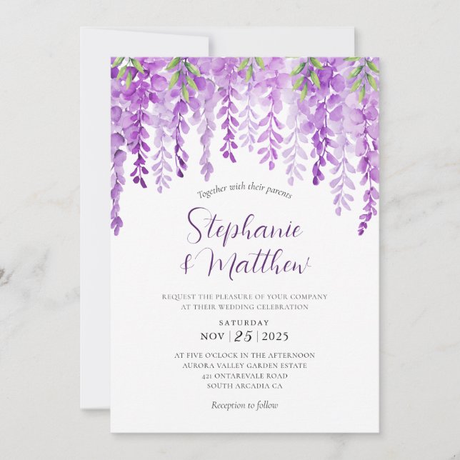 Convites Casamento de Aquarela com Wisteria Floral Roxo (Frente)