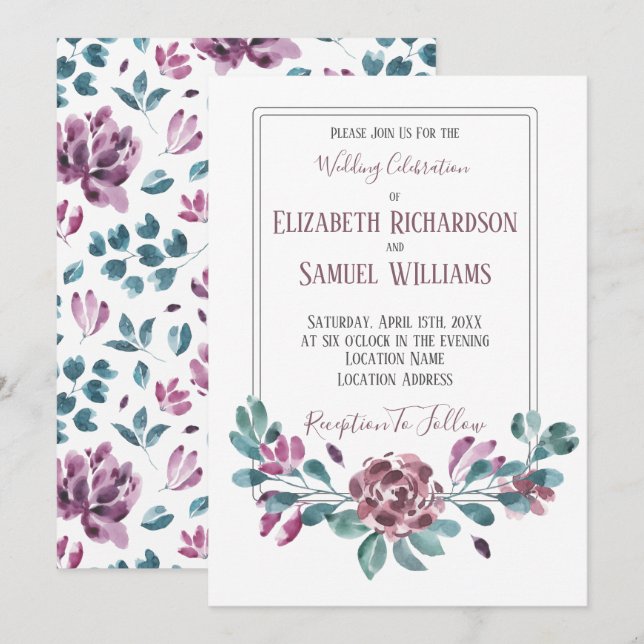 Convites Casamento de Aquarela de Peônia Violeta Roxa (Frente/Verso)
