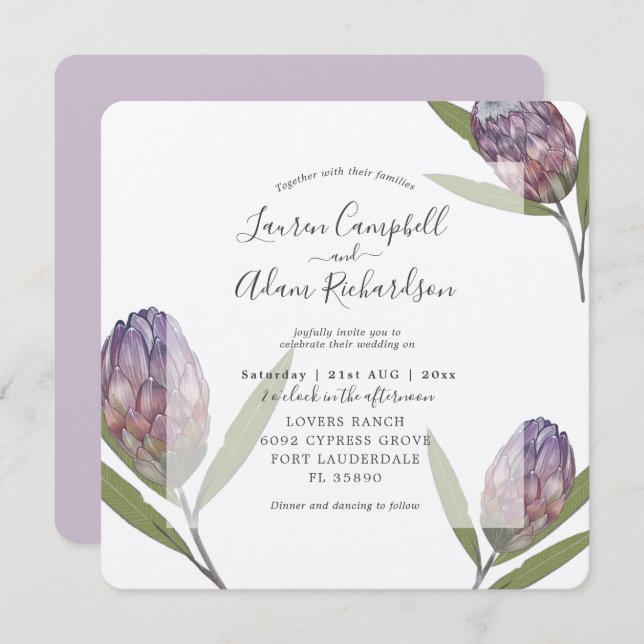 Convites Casamento de Aquarela de Púrpura Proteica Tropical (Frente/Verso)