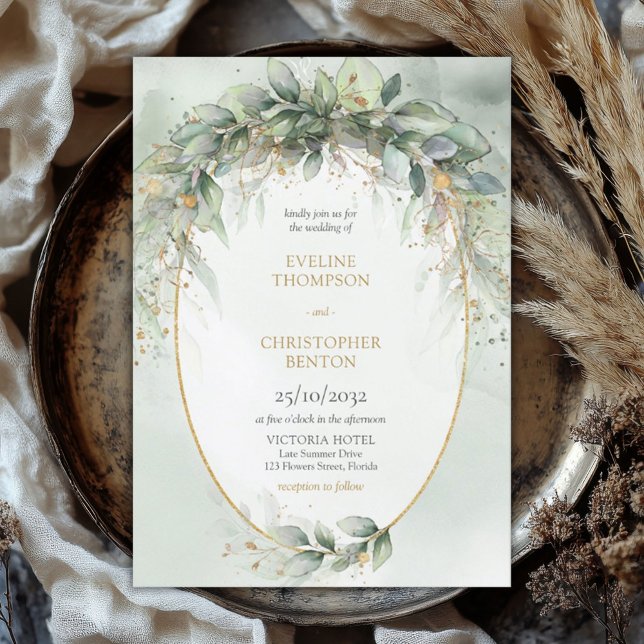 Convites Casamento de aquarela e moldura dourada (watercolor eucalyptus wreath gold frame wedding invitation digital)