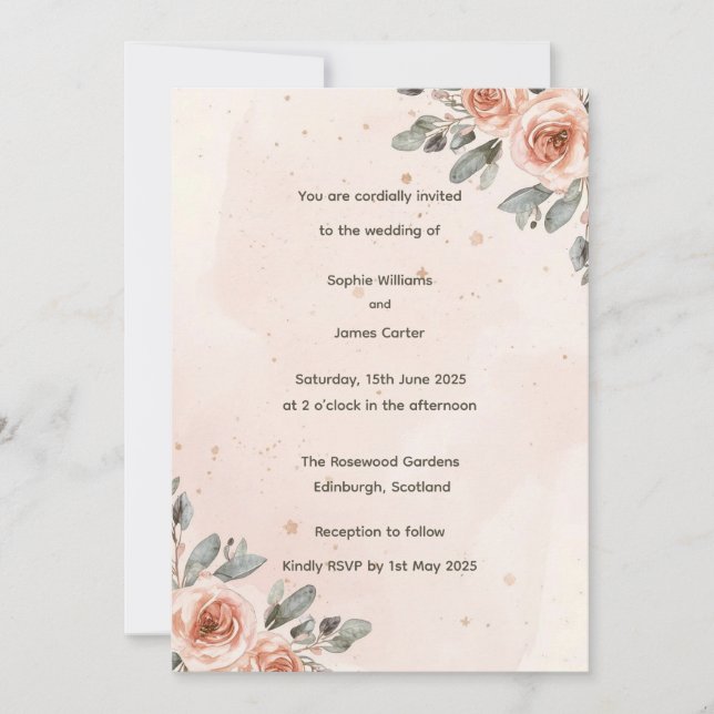Convites Casamento de Aquarela Floral com Blush Elegante (Frente)