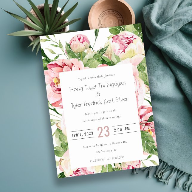 Convites Casamento de Aquarela Floral de Peony de Blush Sua (Criador carregado)