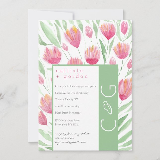 Convites Casamento De Aquarela Floral De Tulipas Verdes Ros (Frente)