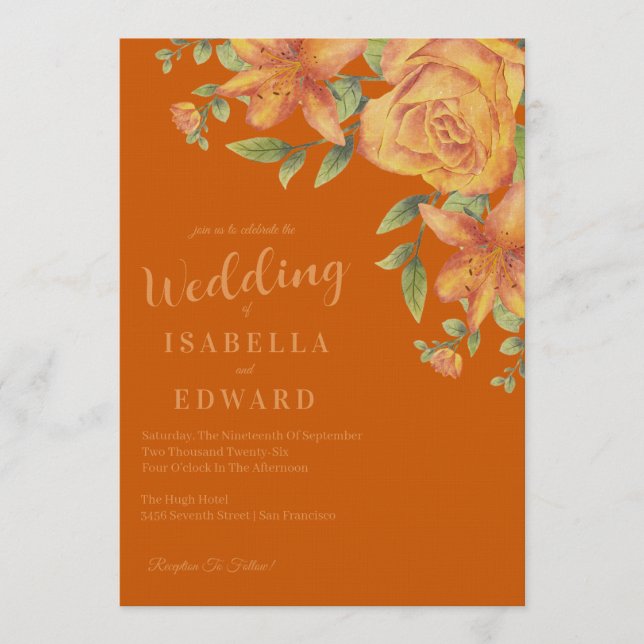 Convites Casamento de Aquarela Floral Laranja Queimada (Frente)