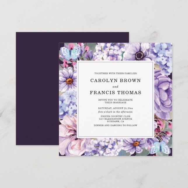 Convites Casamento de Aquarela Floral Roxo Elegante (Frente/Verso)