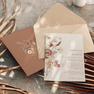 Convites Casamento de Aquarela Floral Terracota Flor Silves