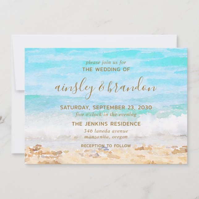Convites Casamento de Aquarela na Praia (Frente)