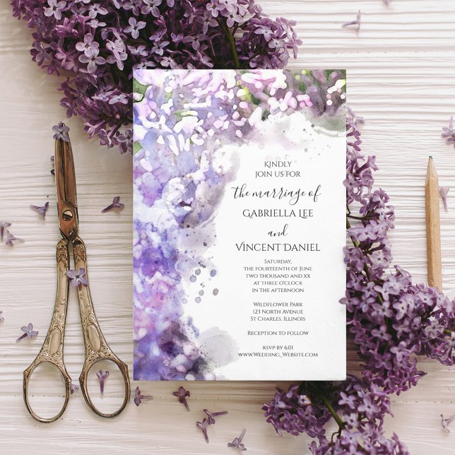 Convites Casamento de Aquarelas de Flores Liláticas Roxas (Criador carregado)