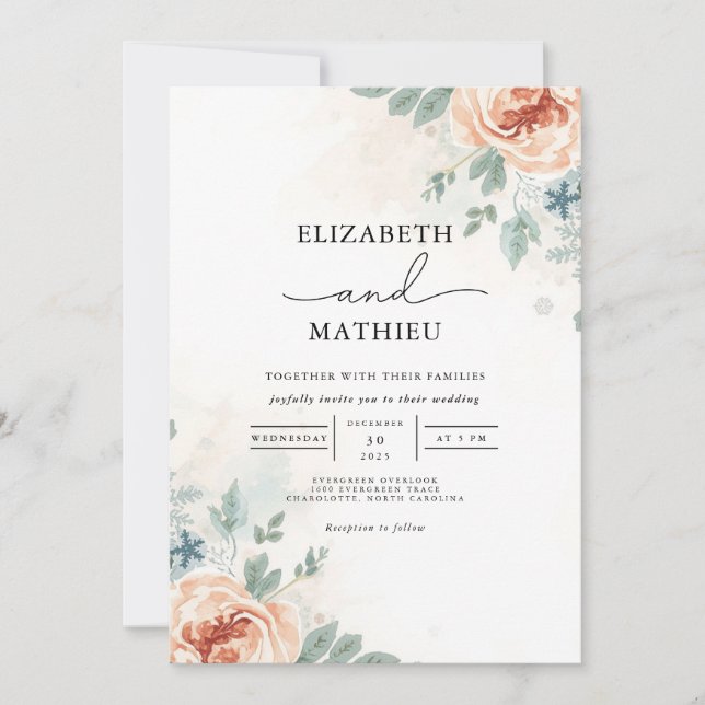 Convites Casamento De Aquarelas Florais De Pêssego Suave (Frente)