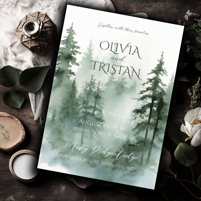 Convites Casamento de Aquarelas Rásticas da Floresta Pinhei (Criador carregado)