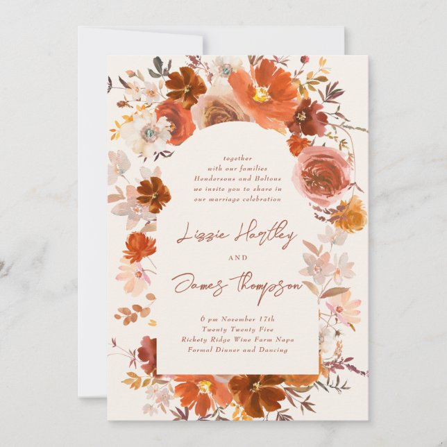 Convites Casamento De Arca Botânica Floral De Laranja Queim (Frente)