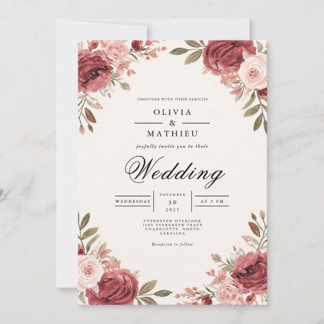 Convites Casamento de Arca Botânica Rosa Burgundy (Frente)
