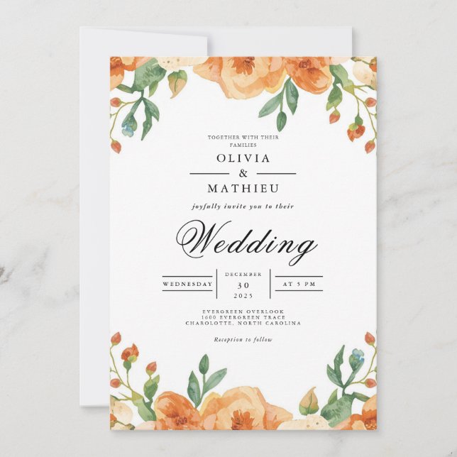 Convites Casamento de Arca Floral Amber Peach (Frente)
