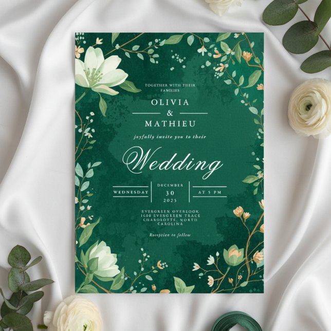 Convites Casamento de Arca Floral Botânica Verde Profundo (Criador carregado)