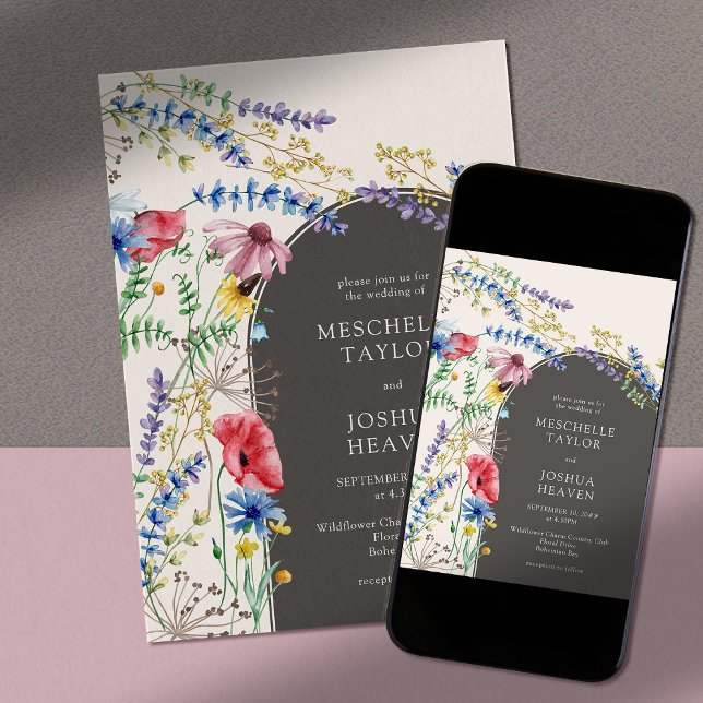 Convites Casamento de Arca Floral de Campo de Charme de Flo (Arch wedding invitation with floral frame of wildflowers)