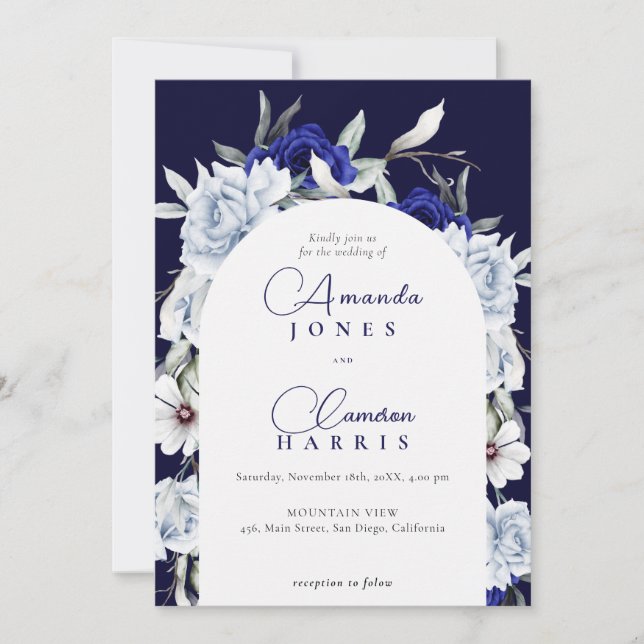 Convites Casamento de Arca Floral de Marinho Azul Elegante (Frente)