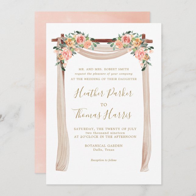 Convites Casamento de Arca Floral de Pessegueiro Elegante (Frente/Verso)