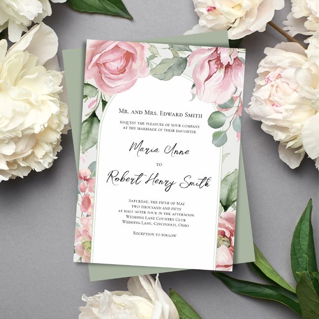 Convites Casamento De Arca Floral Elegante Rosa Esbranquiça (Blush pink watercolor wedding invitation. )