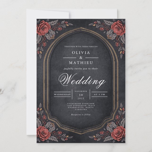 Convites Casamento de Arca Floral Moody Crimson (Frente)
