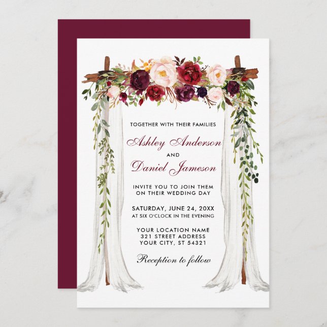 Convites Casamento de Arch da Canopy Watercolor Burgundy Fl (Frente/Verso)