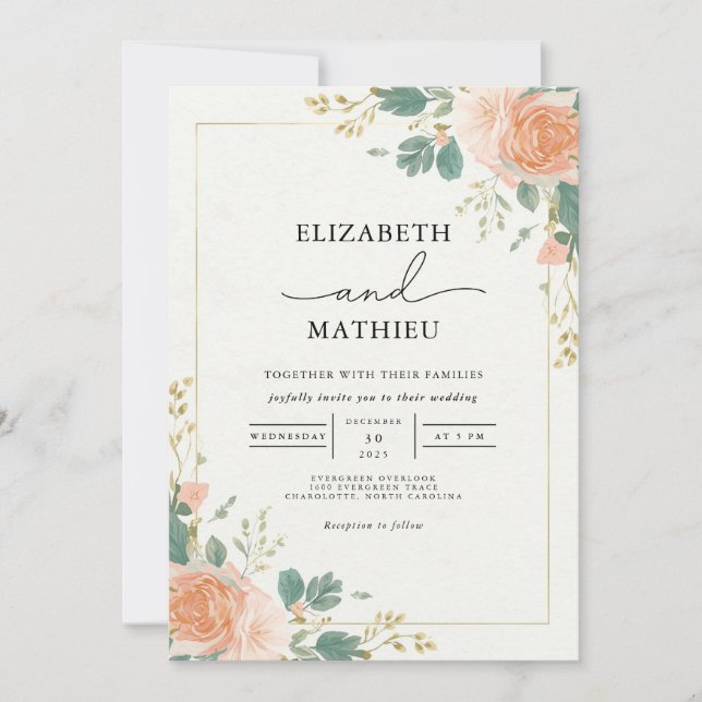 Convites Casamento de Arch de Sangue de Apricot Gilded (Frente)