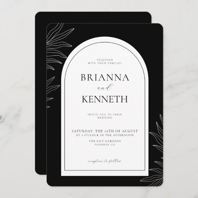 Convites Casamento de Arco Branco e Negro Elegante Moderno (Frente/Verso)