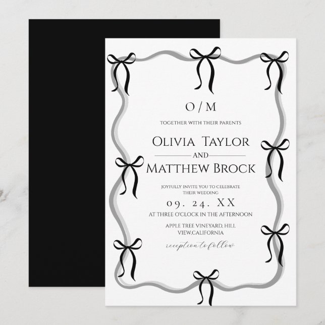 Convites Casamento de Arco Branco e Preto Moderno (Frente/Verso)