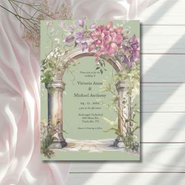 Convites Casamento de Arco de Aquarela Floral Verde Sage (Criador carregado)