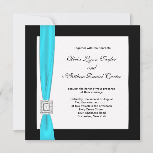 Convites Casamento de Arco de Azul Turquesa Preto Branco (Frente)