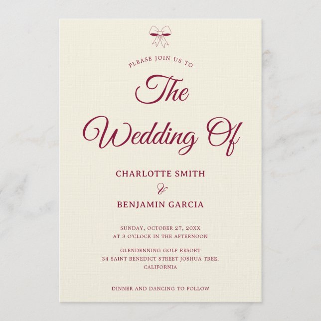 Convites Casamento de Arco de Creme Marfim em Script Burgun (Frente)