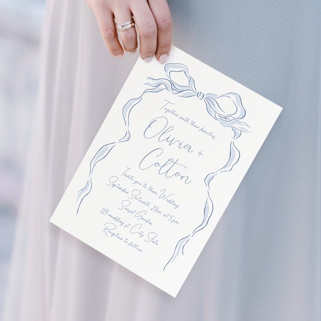 Convites Casamento de Arco de Mão Azul Elegante Dusty (Elegant Dusty Blue Hand Drawn Bow Wedding Invitation)