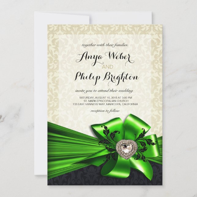 Convites Casamento de Arco Elegante Diamante Satin | verde  (Frente)