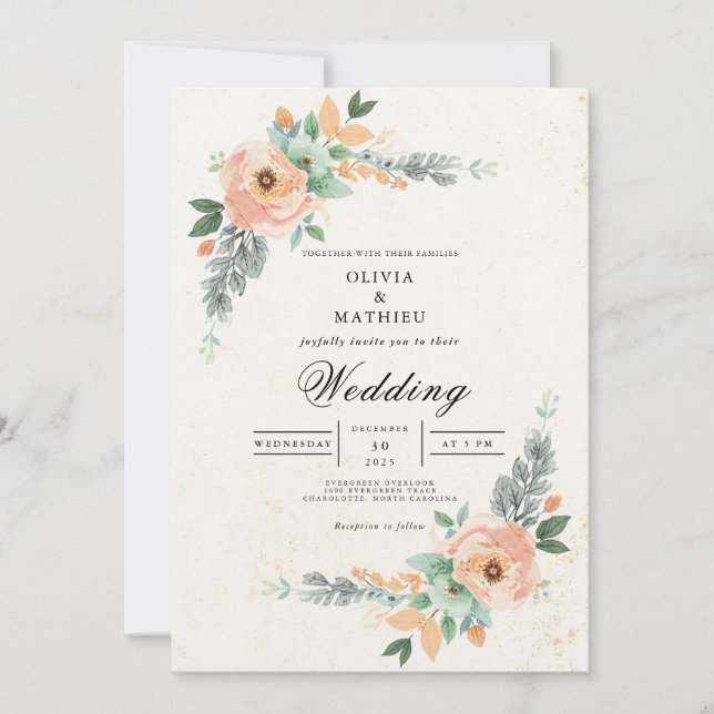 Convites Casamento de Arco Floral de Pêssego Blush (Frente)