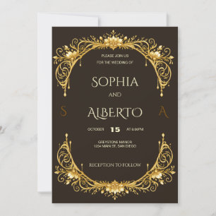 Convites Casamento de arco floral dourado Art Nouveau elega