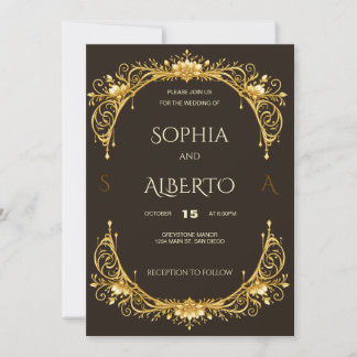 Convites Casamento de arco floral dourado Art Nouveau elega