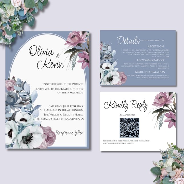 Convites Casamento de Arco Moderno Floral Dusty Blue e Rosa (Criador carregado)
