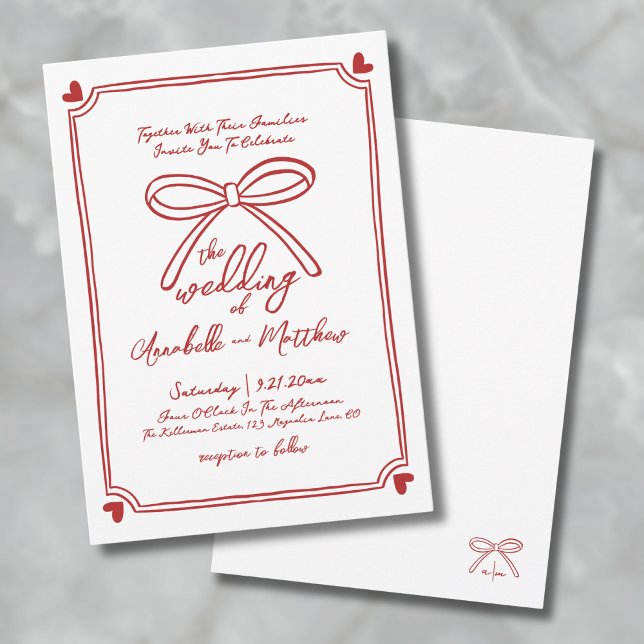 Convites Casamento de Arco Vermelho Whimsical Drawn (Hand Drawn Whimsical Red Bow Wedding Invitation )