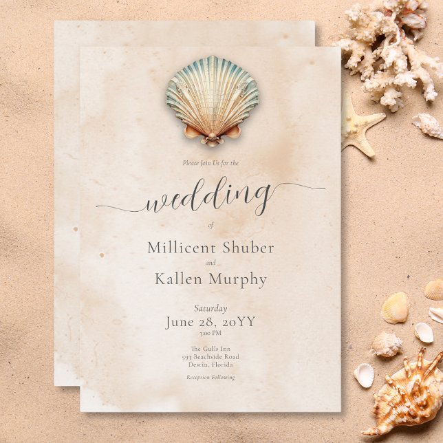 Convites Casamento de Areia Costeira Moderna (Modern Coastal Seashell Sand Wedding Invitation)