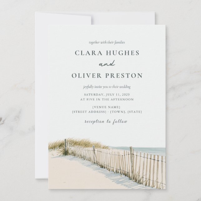 Convites Casamento de Areia Pálida Teal Script Cape Cod Dun (Frente)