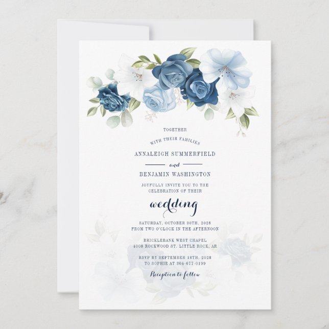 Convites Casamento de Argumentos Azuis com Dureza Floral Bo (Frente)