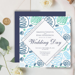 Convites Casamento de Arte Abstrata de Linha Única Azul Úni