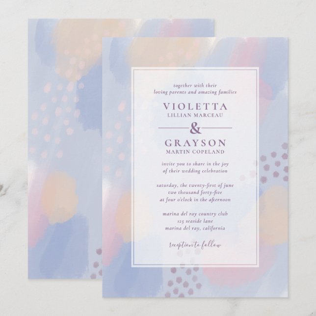 Convites Casamento de Arte Abstrato Azul Moderno (Frente/Verso)