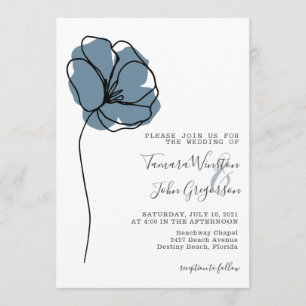 Convites Casamento de Arte com Linha Floral Azul Simples Du