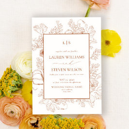 Convites Casamento de Arte com Linha Floral Laranja Elegant