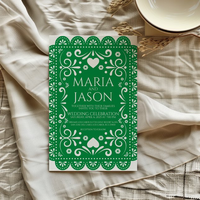 Convites Casamento de Arte com White Folk do Papel Picado V (Mexican Papel Picado Green White Folk Art Wedding Invitation)
