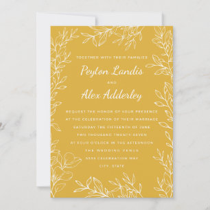 Convites Casamento de Arte de Linha Botânica Amarela Dourad