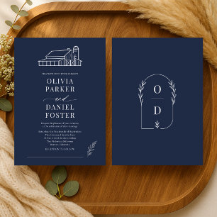 Convites Casamento de Arte de Linha de Celeiro Azul Marinho