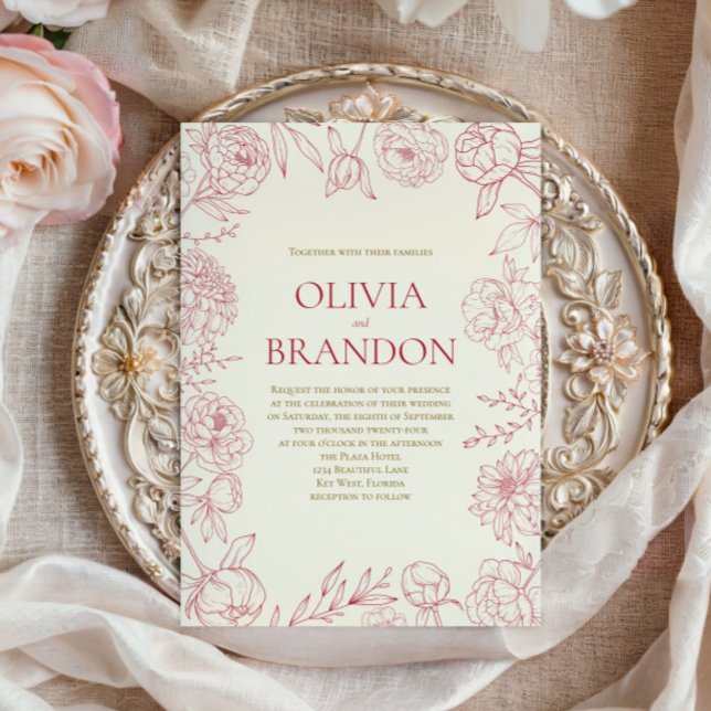 Convites Casamento de Arte de Linha de Fronteira Floral de  (Criador carregado)