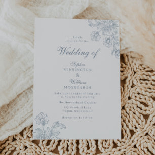 Convites Casamento de Arte de Linha Floral Azul Empoeirado
