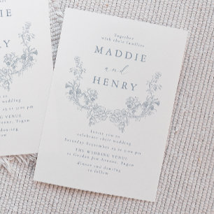 Convites Casamento de Arte de Linha Floral Azul Minimalista